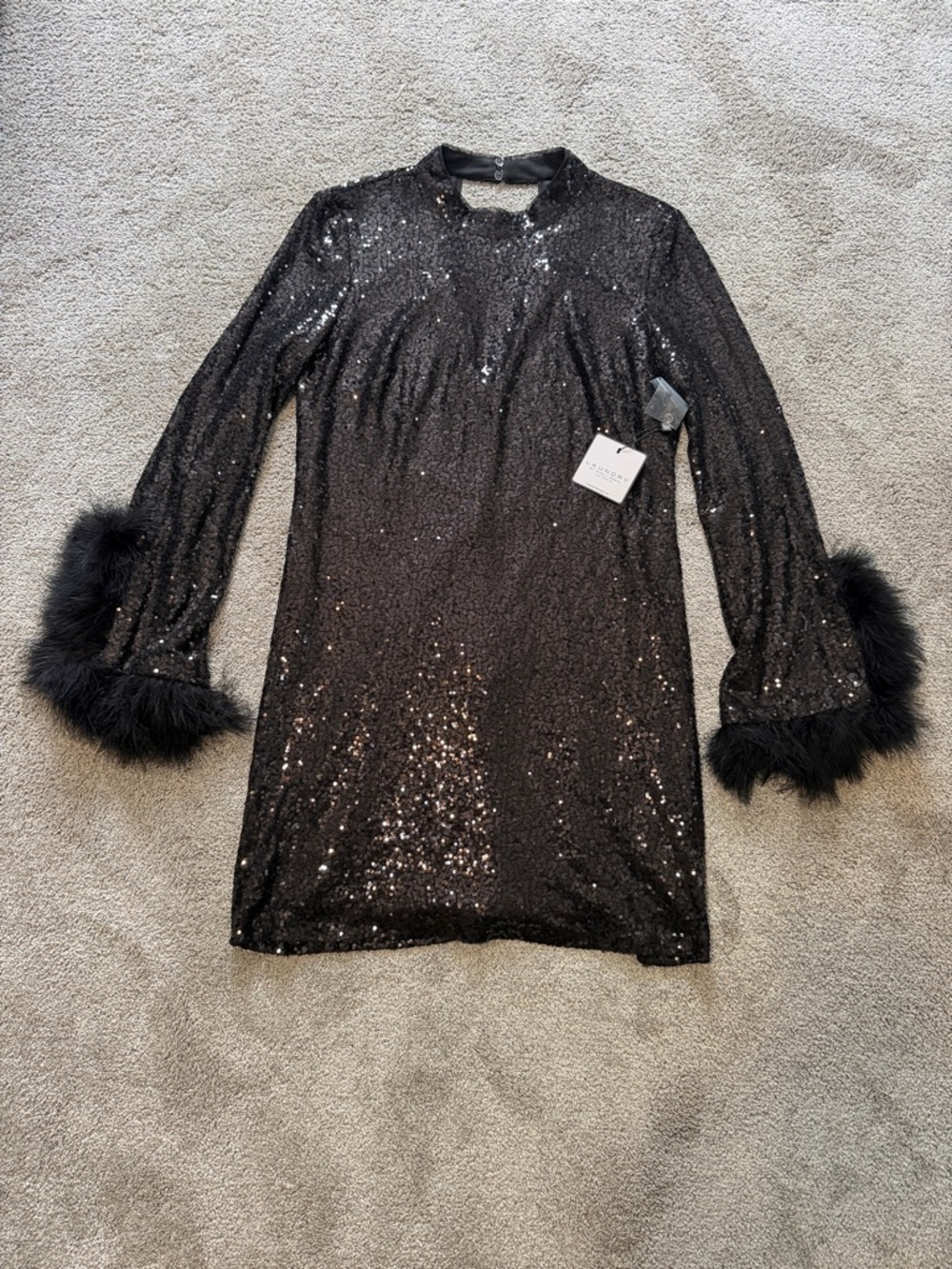 Laundry By Shelli Segal Black Sequin Cocktail Mini Dress with Faux Fur Trim